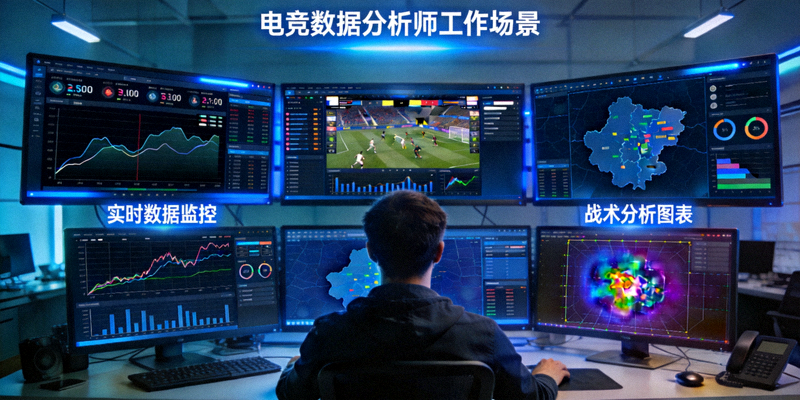 专题：电竞数据分析师工作场景，多屏幕显示复杂数据图表